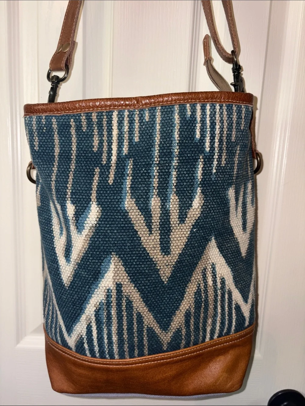 Myra Bag Blue and Tan Chevron Shoulder Bag
